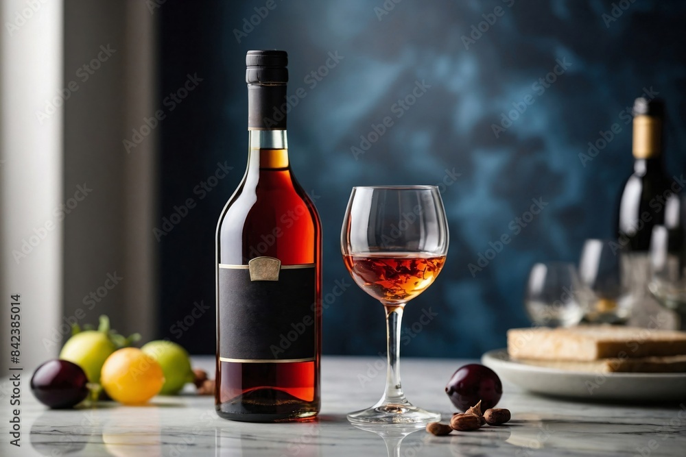 Elegant Glass and Bottle: a glass of fortified wine next to an elegant, unopened bottle on a minimalist marble countertop. Elegant Glass and Bottle: a glass of fortified wine next to an elegant, unopened bottle on a minimalist marble countertop.
