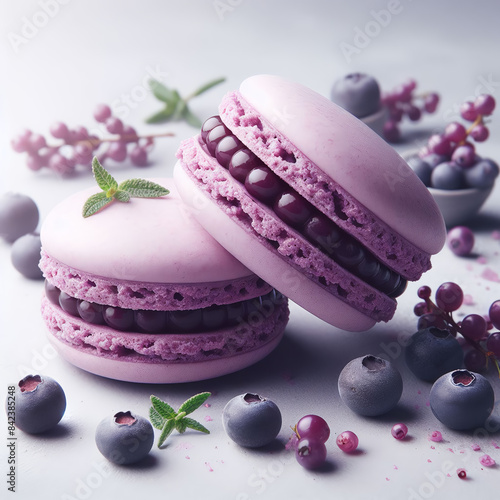 Purple macaroon with blueberry and vanilla flavor on a white background decorated with berries. photo