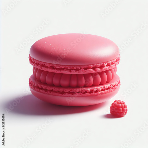 Pink macaroon with fresh raspberry flavor on a white background. photo