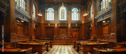 Courtroom with ornate ceiling and large windows photo