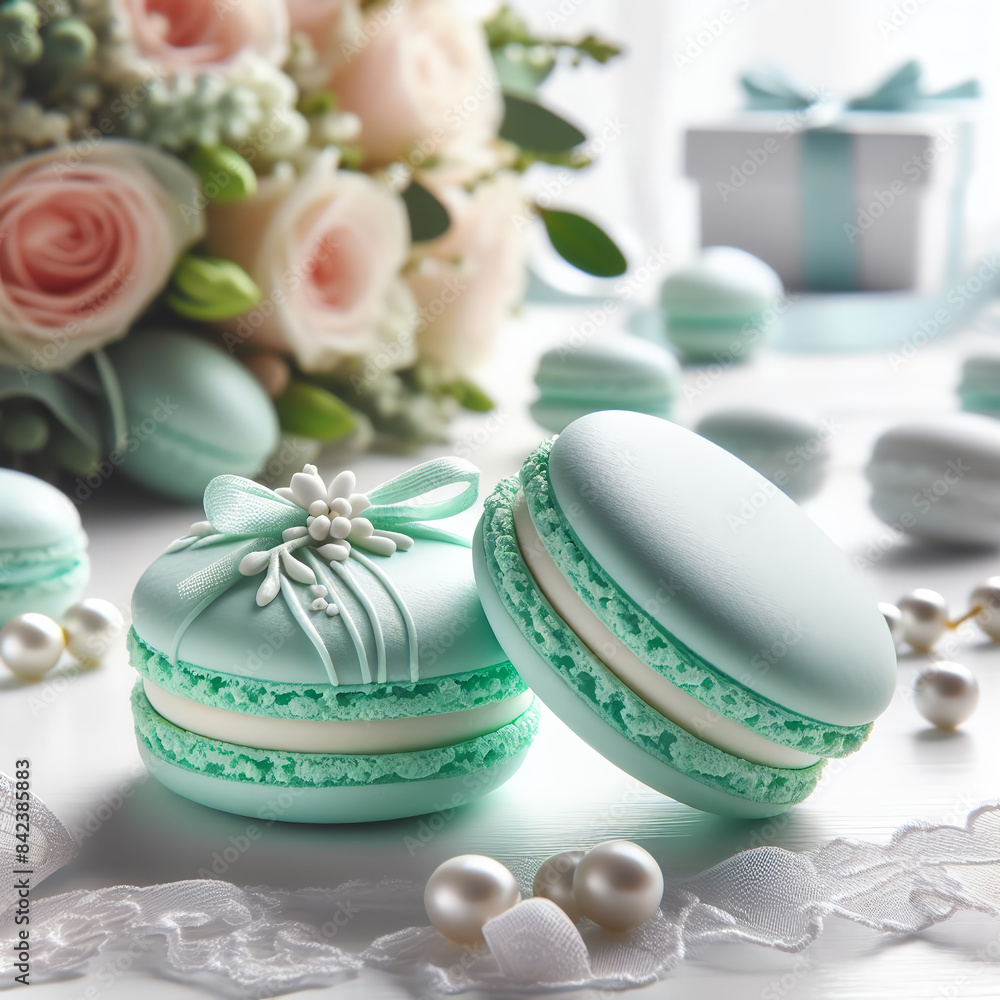 Blue vanilla flavored macaroon on neutral background with flower and pearl decoration. Festive decoration and serving. Blue vanilla flavored macaroon on neutral background with flower and pearl decoration. Festive decoration and serving.