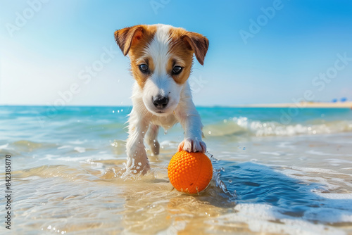 Playful puppy with orange ball on the beach with clear blue sky.