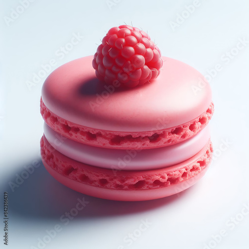 Pink macaroon with fresh raspberry flavor on a white background. photo