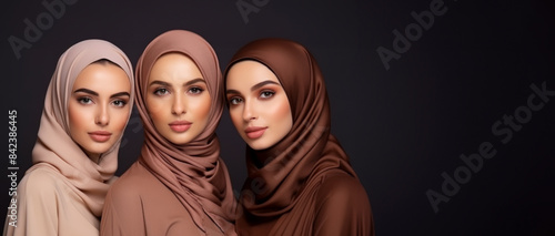 Portrait of model girl a Arab group of beautiful women with natural beauty and glowing smooth skin, Muslim Women In Hijab Headscarf, Modern Islamic Ladies, Arabic Female Fashion Concept