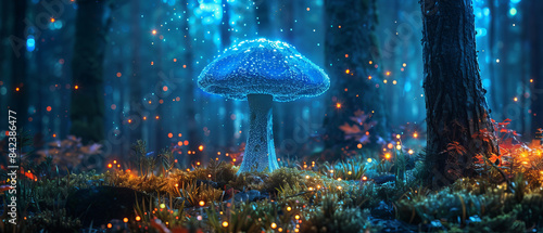 Dense dark forest illuminated by a single tall vibrant glowing bioluminescent mushroom photo