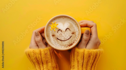 A close-up, top-down view of a womans hands holding a coffee mug with a cheerful face drawn on the coffee. The mug is yellow and the background is a solid yellow. Generative AI