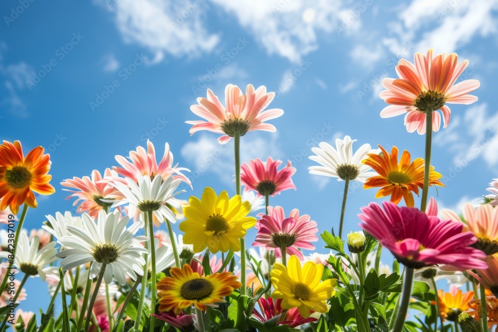 Vibrant Spring Flowers Blooming Under Clear Sky Vibrant Spring Flowers Blooming Under Clear Sky