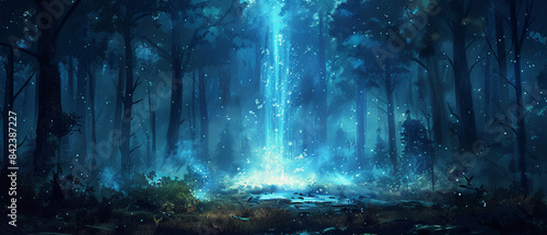 Dense forest with a single tall bioluminescent mushroom glowing vibrantly in the dark