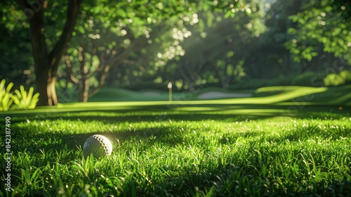Pristine golf ball on a lush green fairway photo
