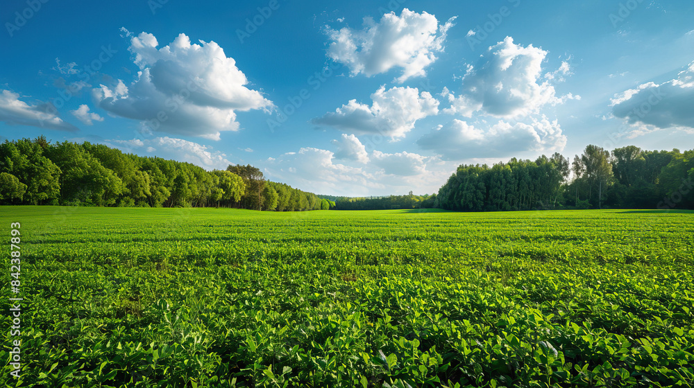 Lush green field with a clear blue sky and white fluffy clouds Lush green field with a clear blue sky and white fluffy clouds