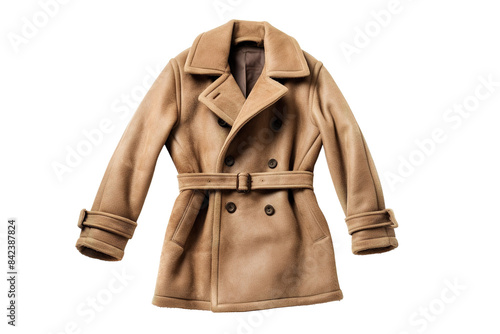 A Camel-Colored Wool Peacoat With a Classic Double-Breasted Design and a Matching Belt Isolated on a Transparent Background PNG. © Haider