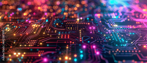 Detailed visual of circuit board pathways glowing in different colors