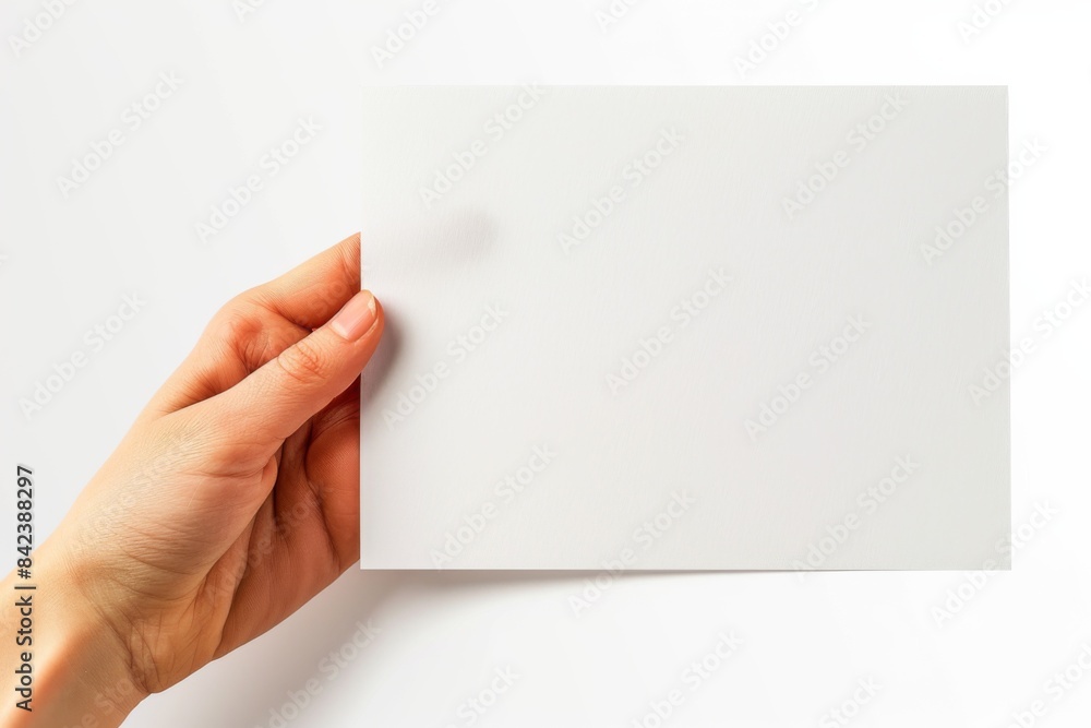 Blank paper mockup on hand created with generative AI Blank paper mockup on hand created with generative AI
