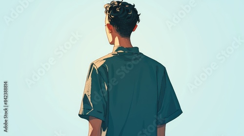 A young man stands solo against a white backdrop as viewed from the back This cartoon character captures a neutral stance in a 2d illustration