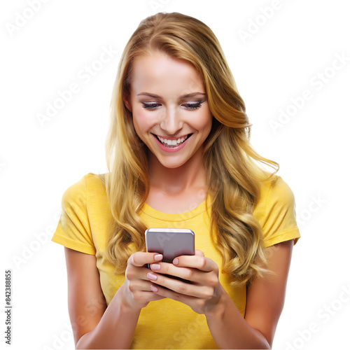 happy young woman using smart phone transparent background