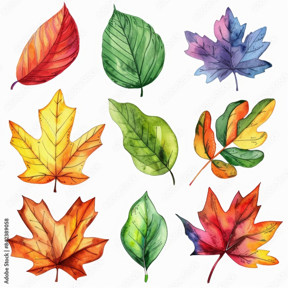 This watercolor set features a vibrant collection of autumn leaves. This watercolor set features a vibrant collection of autumn leaves.