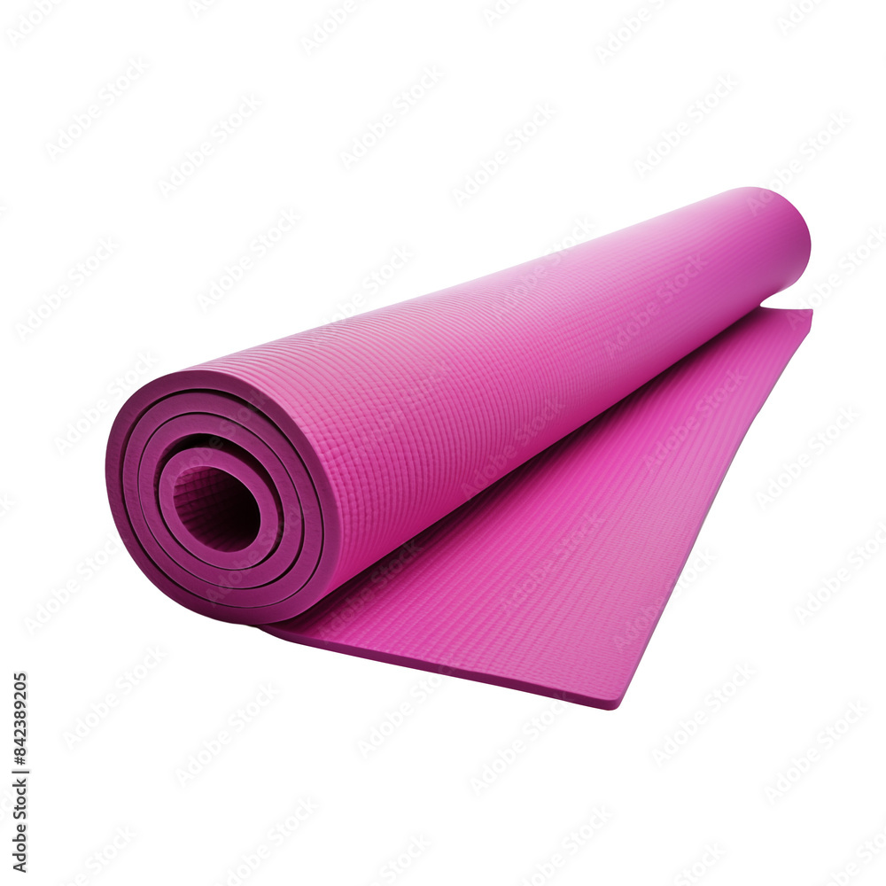 Single pink yoga mat roll sits isolated on a transparent background. Single pink yoga mat roll sits isolated on a transparent background.