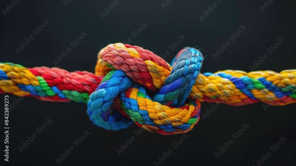 Unity and solidarity concept, colorful rope with knot