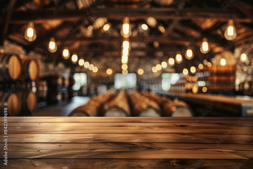 An elegant, polished oak tasting table in the foreground with a blurred background of a high-end whisky distillery. The background includes rows of oak barrels. An elegant, polished oak tasting table in the foreground with a blurred background of a high-end whisky distillery. The background includes rows of oak barrels.