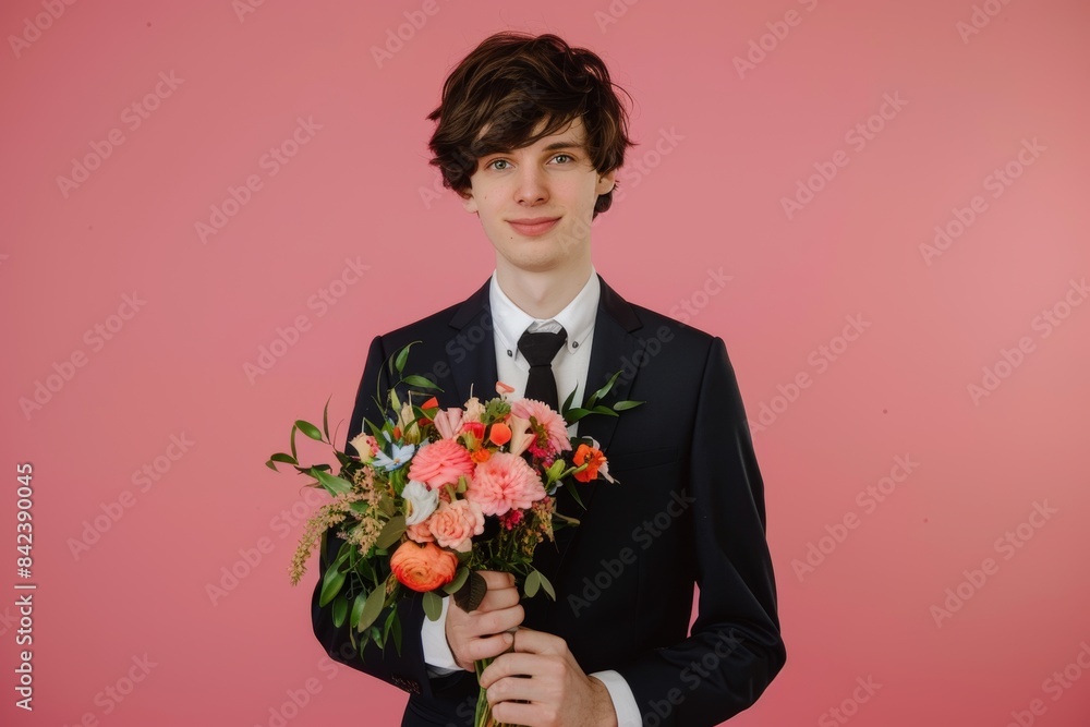 Young man in suit holding bouquet of flowers standing against a colored background Young man in suit holding bouquet of flowers standing against a colored background