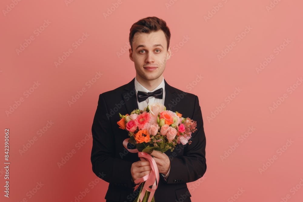 Young man in suit holding bouquet of flowers standing against a colored background Young man in suit holding bouquet of flowers standing against a colored background