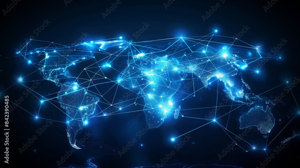 Illustration of a worldwide digital network with glowing connections spanned across continents Illustration of a worldwide digital network with glowing connections spanned across continents