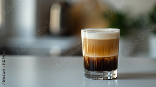 Product photo of nitro cold brew coffee, on light surface, isolated on white background. studio lighting. 