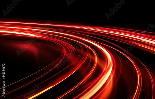Red glowing light effect on long exposure, speed and motion background with dynamic road lines in curved shape