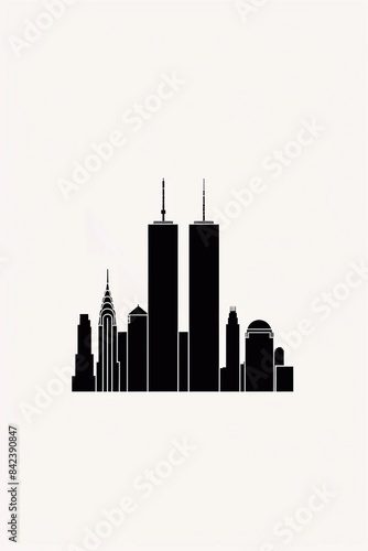 911 Patriot Day minimalist design, New York skyline with twin towers, clean white background