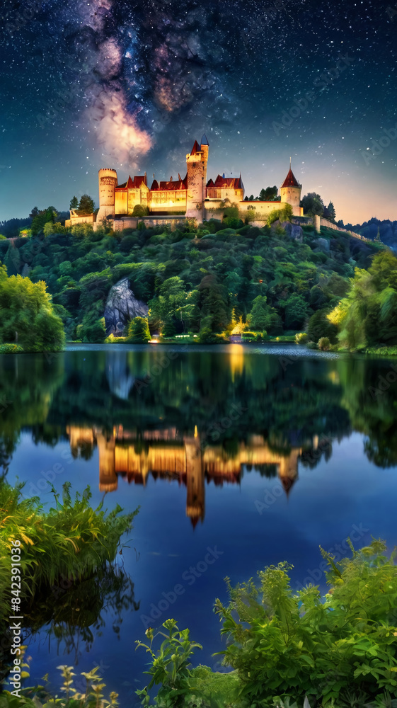 A majestic castle perched on a hill, surrounded by lush gardens and a shimmering lake, lies under a starry sky. A majestic castle perched on a hill, surrounded by lush gardens and a shimmering lake, lies under a starry sky.
