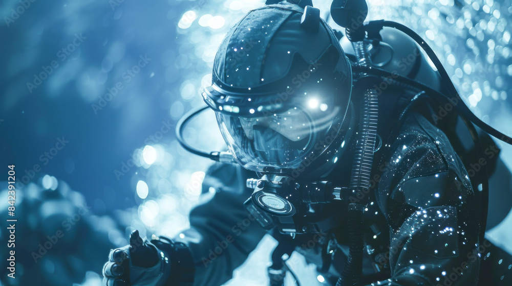 Fototapeta premium Underwater fiber optic cable repair, diving engineer.