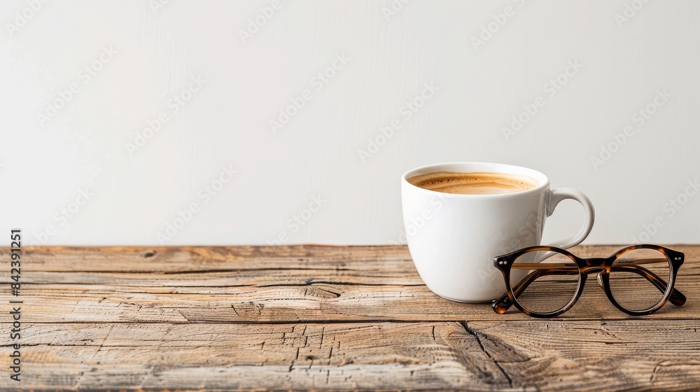 Author’s Glasses and Coffee Cup on Wooden Desk, Isolated Against White Background, Evoking a Calm and Focused Workspace Ambiance