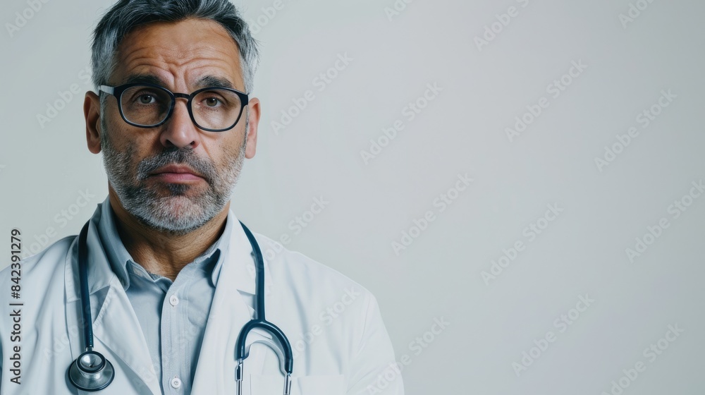 Portrait of a physician in a white coat and glasses with a stethoscope looking at the camera on a plain white background with room for text healthcare Portrait of a physician in a white coat and glasses with a stethoscope looking at the camera on a plain white background with room for text healthcare