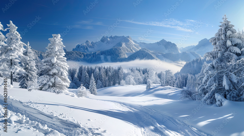 A snowy landscape with mountains in the background A snowy landscape with mountains in the background