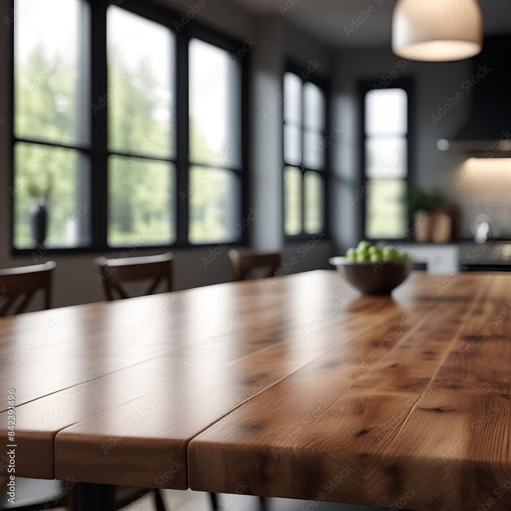 Fototapeta premium A bright contemporary kitchen with a wooden table and chairs for a healthy meal