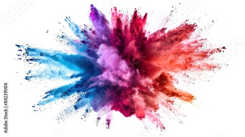 A spectacular powder explosion isolated on a white background The burst of vibrant colors creates an eye-catching display as the powder particles spread out in all directions The clean white backdrop photo