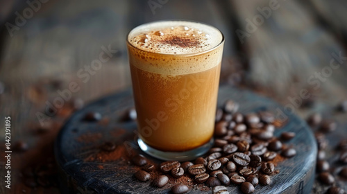 Product photo of nitro cold brew coffee, on wooden table top surface, isolated on white background. studio lighting. 