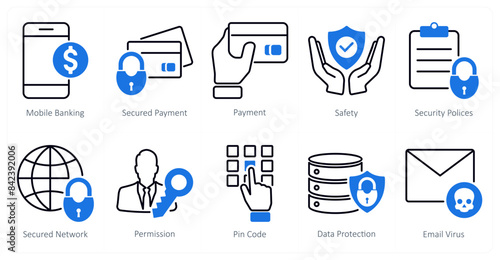 A set of 10 security icons as mobile banking, secured payment, payment