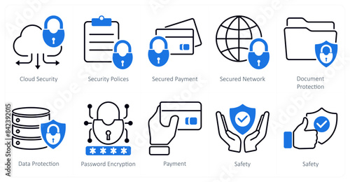 A set of 10 security icons as cloud security, security policies, secured payment