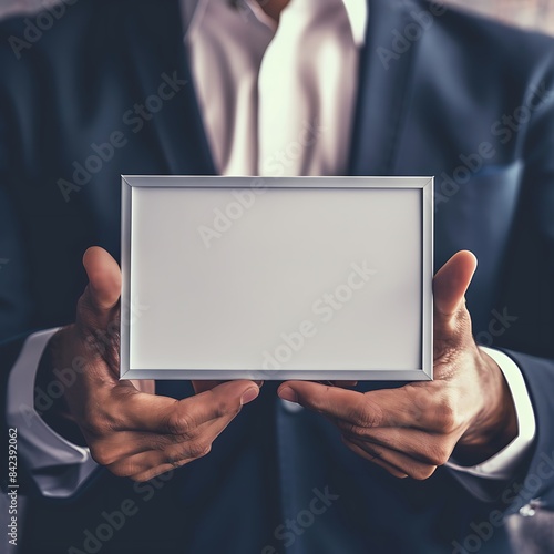 Close-up of male hands displaying a compact white board, with sharp focus and a detailed backdrop.