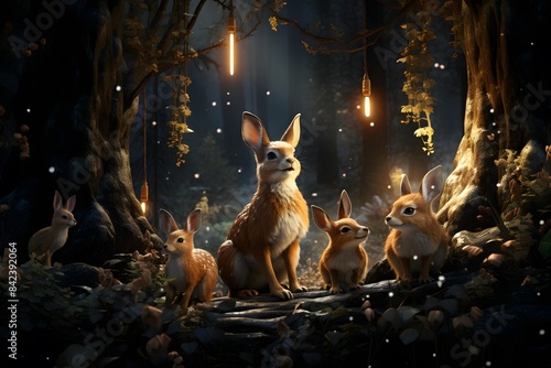 Funny rabbits in the forest at night. 3D rendering.