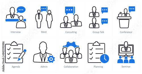 A set of 10 meeting icons as interview, meet, consulting