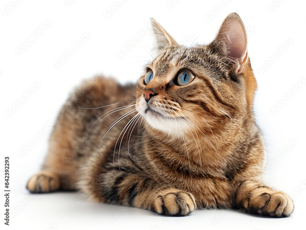 Tabby Cat With Blue Eyes Lying on White Background