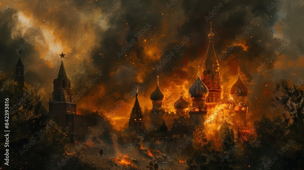 Fototapeta premium Apocalyptic conflict moscow s red square skyline engulfed in war smoke, ruins, and protests