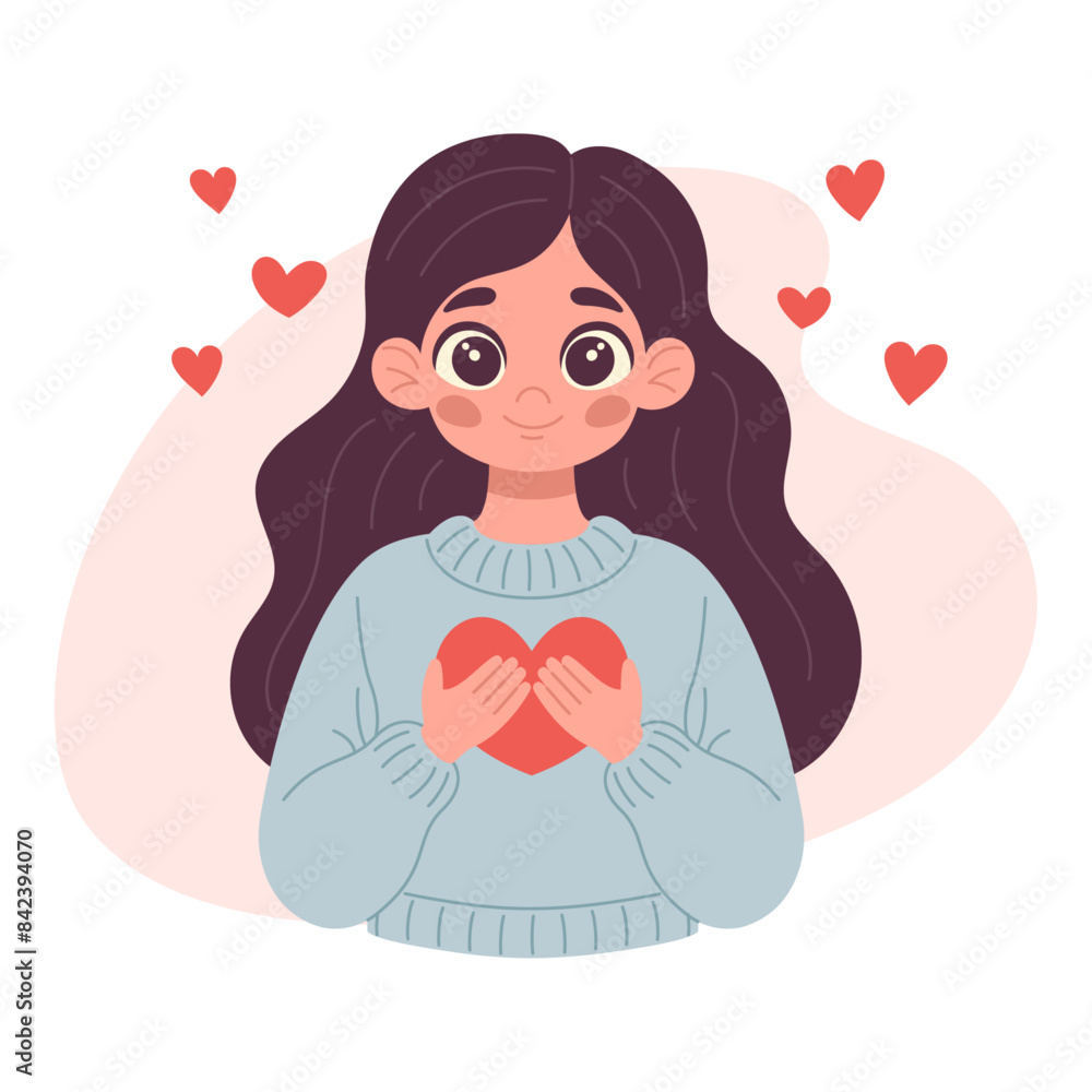 Young woman lovingly embracing a red heart. Positive body and mental health concept. Holding heart to chest Young woman lovingly embracing a red heart. Positive body and mental health concept. Holding heart to chest