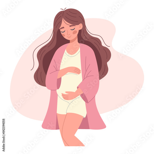 Pregnant woman hugging her belly, expectant mother, motherhood, isolated on white background