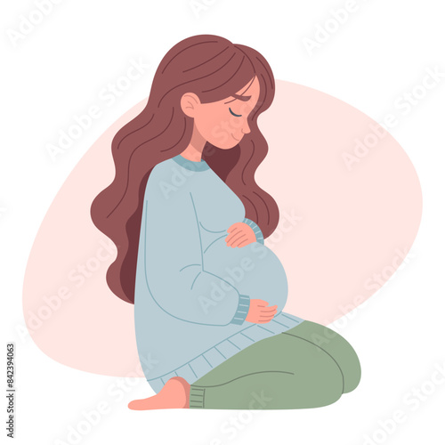 Pregnant woman hugging her belly, expectant mother, motherhood, isolated on white background