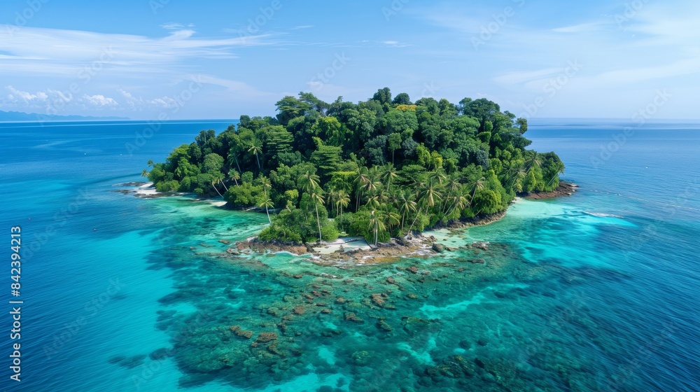 Fototapeta premium A small tropical island with clear blue waters offers a serene escape from everyday life.