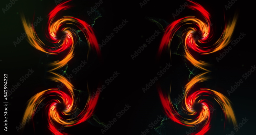 Image of four red digital waves spinning against copy space on black background Image of four red digital waves spinning against copy space on black background