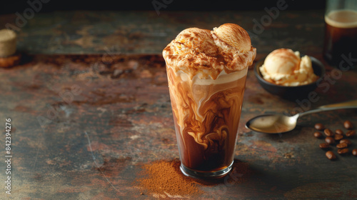 Product photo of nitro cold brew coffee with ice cream, on wooden table top surface, isolated on white background. studio lighting. 